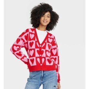 33 Degrees Women's Heart Postage Stamp Graphic Cardigan Small